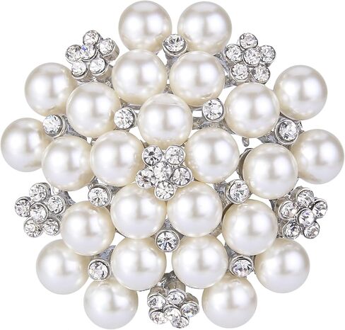 EVER FAITH Women's Crystal Cream Simulated Pearl Elegant Flower Cluster Brooch Pin Clear Silver-Tone in Saudi Arabia