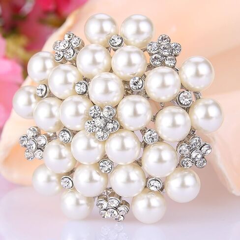 EVER FAITH Women's Crystal Cream Simulated Pearl Elegant Flower Cluster Brooch Pin Clear Silver-Tone in Saudi Arabia