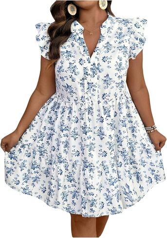 SOLY HUX Women's Plus Size Floral Dress Notched V Neck Cap Sleeve Ruffle Hem Babydoll Flowy Summer Short Dresses in Saudi Arabia