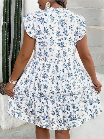 SOLY HUX Women's Plus Size Floral Dress Notched V Neck Cap Sleeve Ruffle Hem Babydoll Flowy Summer Short Dresses in Saudi Arabia