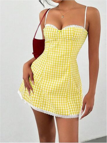 Floerns Women's Cute Plaid Spaghetti Strap Cami Dress Lace Trim A Line Mini Dresses in Saudi Arabia