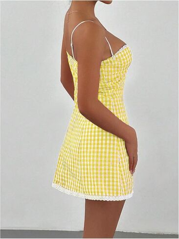 Floerns Women's Cute Plaid Spaghetti Strap Cami Dress Lace Trim A Line Mini Dresses in Saudi Arabia