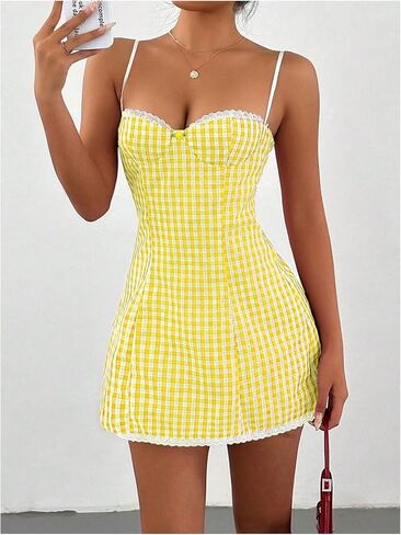 Floerns Women's Cute Plaid Spaghetti Strap Cami Dress Lace Trim A Line Mini Dresses in Saudi Arabia