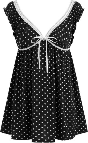 CIDER Mini Dress Polka Dot V Neck Lace Trim Bowknot Short Sleeve High Waist Casual Party Dresses for Women in Saudi Arabia