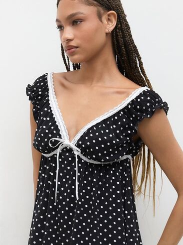 CIDER Mini Dress Polka Dot V Neck Lace Trim Bowknot Short Sleeve High Waist Casual Party Dresses for Women in Saudi Arabia