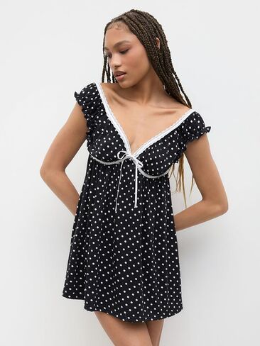 CIDER Mini Dress Polka Dot V Neck Lace Trim Bowknot Short Sleeve High Waist Casual Party Dresses for Women in Saudi Arabia