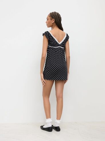 CIDER Mini Dress Polka Dot V Neck Lace Trim Bowknot Short Sleeve High Waist Casual Party Dresses for Women in Saudi Arabia