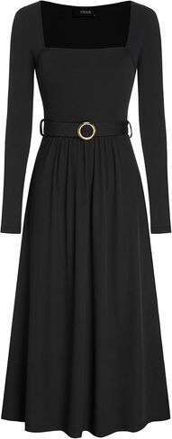 فستان CIDER طويل الأكمام ورقبة مربعة محاك بخصر عالٍ وحزام متوسط ​​الطول فساتين الخريف النسائية الأنيقة in Kuwait