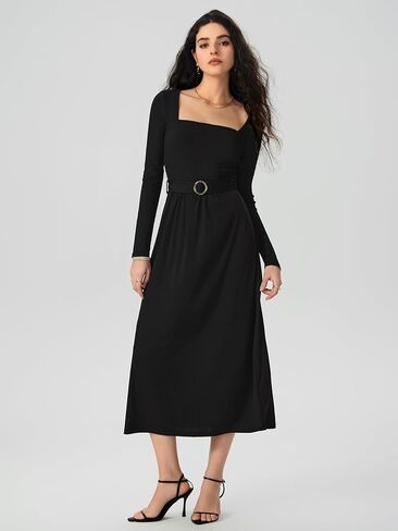 فستان CIDER طويل الأكمام ورقبة مربعة محاك بخصر عالٍ وحزام متوسط ​​الطول فساتين الخريف النسائية الأنيقة in Kuwait