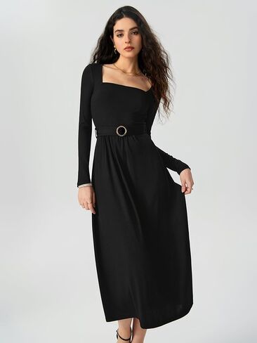 فستان CIDER طويل الأكمام ورقبة مربعة محاك بخصر عالٍ وحزام متوسط ​​الطول فساتين الخريف النسائية الأنيقة in Kuwait