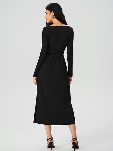 فستان CIDER طويل الأكمام ورقبة مربعة محاك بخصر عالٍ وحزام متوسط ​​الطول فساتين الخريف النسائية الأنيقة in Kuwait