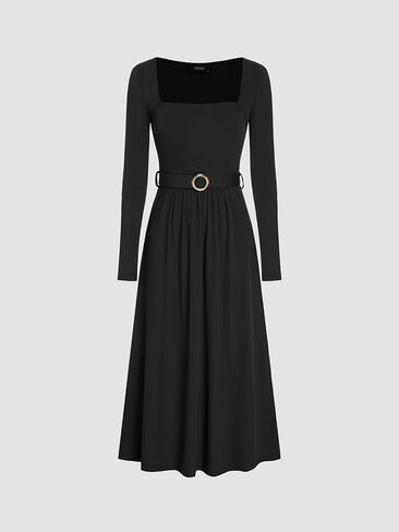 فستان CIDER طويل الأكمام ورقبة مربعة محاك بخصر عالٍ وحزام متوسط ​​الطول فساتين الخريف النسائية الأنيقة in Kuwait