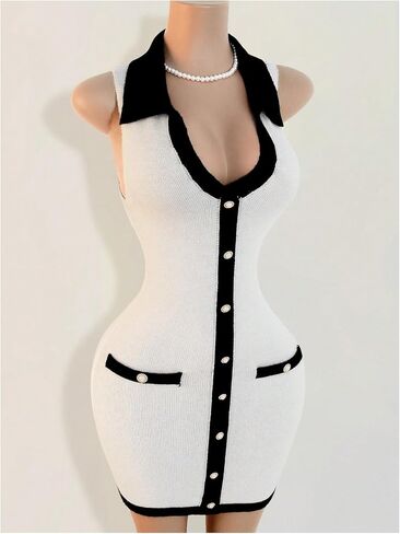 MakeMeChic Women's Sweater Mini Dress V Neck Button Down Knit Sleeveless Short Dresses in Saudi Arabia