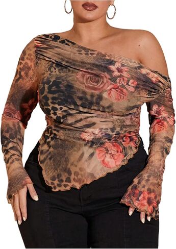 WDIRARA Women's Plus Size Leopard Print Off Shoulder T Shirt Ruched Bandana Hem Long Sleeve Tee in Saudi Arabia