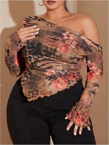 WDIRARA Women's Plus Size Leopard Print Off Shoulder T Shirt Ruched Bandana Hem Long Sleeve Tee in Saudi Arabia