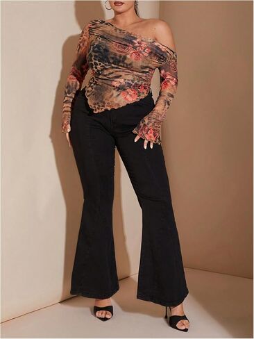 WDIRARA Women's Plus Size Leopard Print Off Shoulder T Shirt Ruched Bandana Hem Long Sleeve Tee in Saudi Arabia