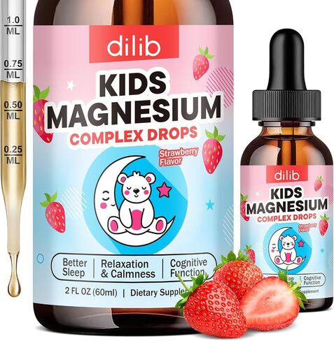 Kids Magnesium Liquid Drops - Liquid Magnesium Glycinate for Kids, Citrate Supplement with L-theanine, Omega-3, Vitamin B12, D3 for Sleep, Calm, Relaxation, Brain, Bones, Strawberry 2 Fl Oz in Kuwait