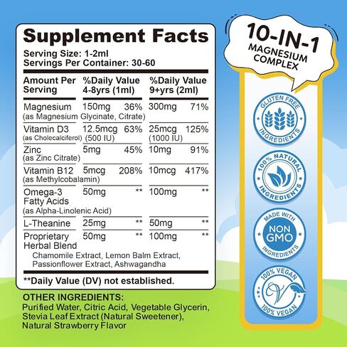 Kids Magnesium Liquid Drops - Liquid Magnesium Glycinate for Kids, Citrate Supplement with L-theanine, Omega-3, Vitamin B12, D3 for Sleep, Calm, Relaxation, Brain, Bones, Strawberry 2 Fl Oz in Kuwait