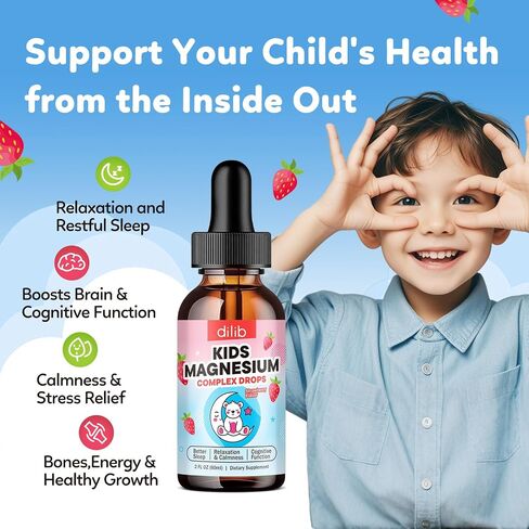 Kids Magnesium Liquid Drops - Liquid Magnesium Glycinate for Kids, Citrate Supplement with L-theanine, Omega-3, Vitamin B12, D3 for Sleep, Calm, Relaxation, Brain, Bones, Strawberry 2 Fl Oz in Kuwait