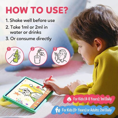 Kids Magnesium Liquid Drops - Liquid Magnesium Glycinate for Kids, Citrate Supplement with L-theanine, Omega-3, Vitamin B12, D3 for Sleep, Calm, Relaxation, Brain, Bones, Strawberry 2 Fl Oz in Kuwait