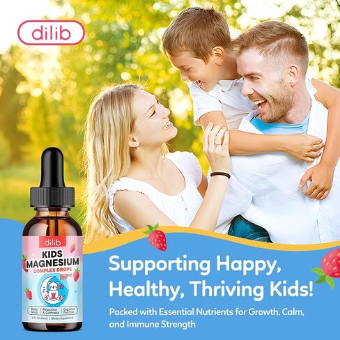 Kids Magnesium Liquid Drops - Liquid Magnesium Glycinate for Kids, Citrate Supplement with L-theanine, Omega-3, Vitamin B12, D3 for Sleep, Calm, Relaxation, Brain, Bones, Strawberry 2 Fl Oz in Kuwait