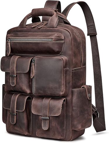 حقيبة ظهر من الجلد الطبيعي للرجال من S-ZONE، حقيبة ظهر كلاسيكية كاجوال للسفر، جيوب متعددة في الهواء الطلق in Kuwait