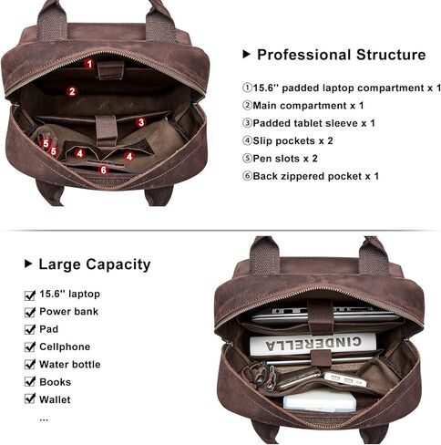 حقيبة ظهر من الجلد الطبيعي للرجال من S-ZONE، حقيبة ظهر كلاسيكية كاجوال للسفر، جيوب متعددة في الهواء الطلق in Kuwait