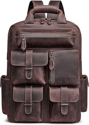 حقيبة ظهر من الجلد الطبيعي للرجال من S-ZONE، حقيبة ظهر كلاسيكية كاجوال للسفر، جيوب متعددة في الهواء الطلق in Kuwait