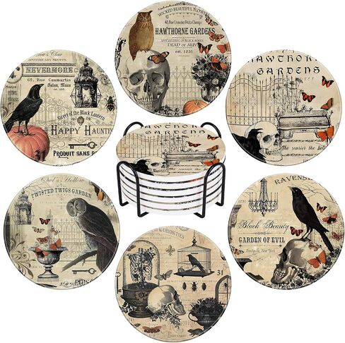 Whaline 6Pcs Halloween Coasters with Holder Vintage Owl Crow Skull Ceramic Drink Coasters Absorbent Cup Mat for Home Kitchen Party Table Protection in Saudi Arabia