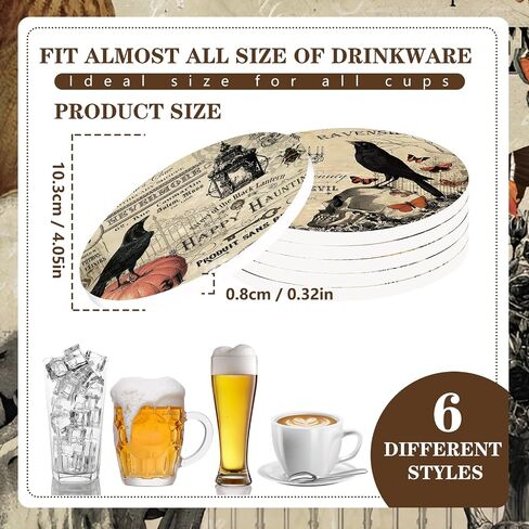 Whaline 6Pcs Halloween Coasters with Holder Vintage Owl Crow Skull Ceramic Drink Coasters Absorbent Cup Mat for Home Kitchen Party Table Protection in Saudi Arabia