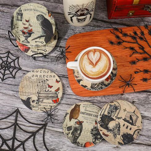 Whaline 6Pcs Halloween Coasters with Holder Vintage Owl Crow Skull Ceramic Drink Coasters Absorbent Cup Mat for Home Kitchen Party Table Protection in Saudi Arabia