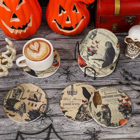 Whaline 6Pcs Halloween Coasters with Holder Vintage Owl Crow Skull Ceramic Drink Coasters Absorbent Cup Mat for Home Kitchen Party Table Protection in Saudi Arabia