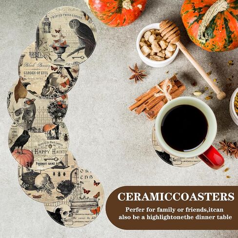 Whaline 6Pcs Halloween Coasters with Holder Vintage Owl Crow Skull Ceramic Drink Coasters Absorbent Cup Mat for Home Kitchen Party Table Protection in Saudi Arabia
