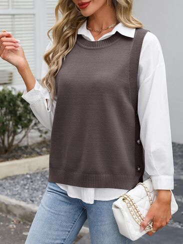 ANRABESS Womens Sweater Vest Summer Sleeveless Crewneck Ribbed Knit Side Button Pullover Tank Tops 2025 Spring Trendy Outfits in Kuwait