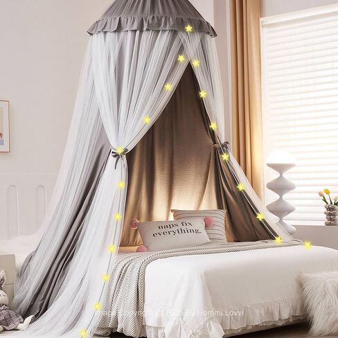 Double Layers Bed Canopy with Star Lights, 3 Pieces Layers Canopy for Girls Bed, Princess Round Dome Dreamy Play Tent, Hanging Kids Reading Nook Mosquito Net, Machine Washable - Pink in Saudi Arabia