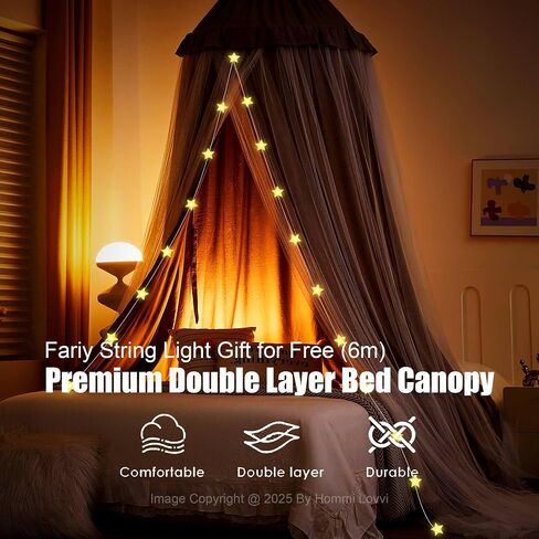 Double Layers Bed Canopy with Star Lights, 3 Pieces Layers Canopy for Girls Bed, Princess Round Dome Dreamy Play Tent, Hanging Kids Reading Nook Mosquito Net, Machine Washable - Pink in Saudi Arabia