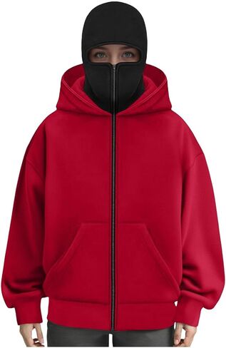 Men's Balaclava Hoodie with Face Mask Zip Up Ski Mask Jacket Double Hooded Sweatshirt Wind Resistant Unisex in Saudi Arabia