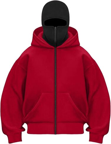 Men's Balaclava Hoodie with Face Mask Zip Up Ski Mask Jacket Double Hooded Sweatshirt Wind Resistant Unisex in Saudi Arabia