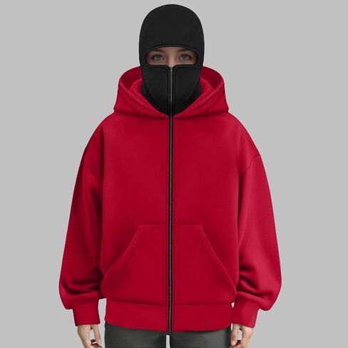 Men's Balaclava Hoodie with Face Mask Zip Up Ski Mask Jacket Double Hooded Sweatshirt Wind Resistant Unisex in Saudi Arabia