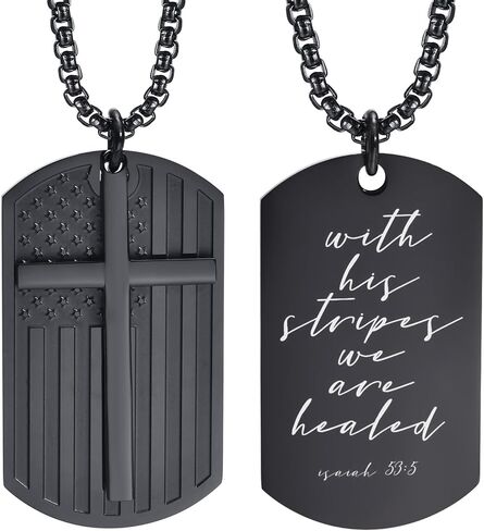 Gamtic Isaiah 53:5 Religious Inspirational Bible Quote Dog Tag Necklace for Men, Black Stainless Steel American US Flag Cross Dogtag Pendant, Bible Verse Motivational Encouragement Necklaces to Son in Saudi Arabia