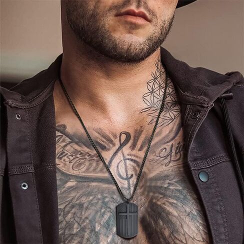 Gamtic Isaiah 53:5 Religious Inspirational Bible Quote Dog Tag Necklace for Men, Black Stainless Steel American US Flag Cross Dogtag Pendant, Bible Verse Motivational Encouragement Necklaces to Son in Saudi Arabia