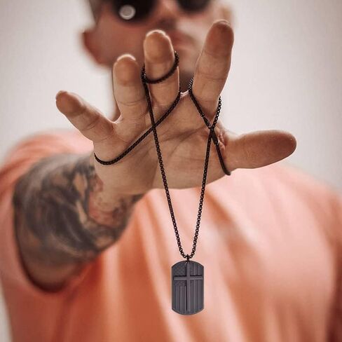 Gamtic Isaiah 53:5 Religious Inspirational Bible Quote Dog Tag Necklace for Men, Black Stainless Steel American US Flag Cross Dogtag Pendant, Bible Verse Motivational Encouragement Necklaces to Son in Saudi Arabia