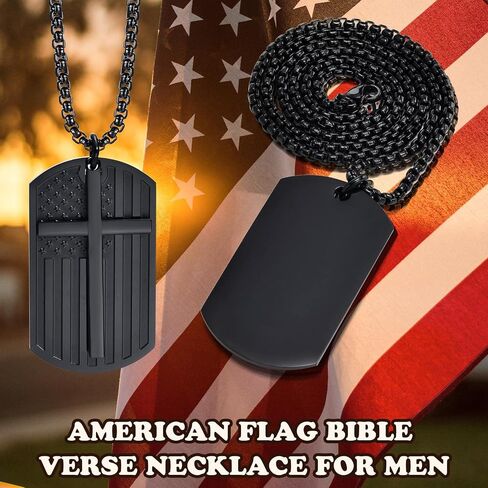 Gamtic Isaiah 53:5 Religious Inspirational Bible Quote Dog Tag Necklace for Men, Black Stainless Steel American US Flag Cross Dogtag Pendant, Bible Verse Motivational Encouragement Necklaces to Son in Saudi Arabia