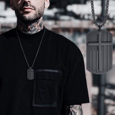 Gamtic Isaiah 53:5 Religious Inspirational Bible Quote Dog Tag Necklace for Men, Black Stainless Steel American US Flag Cross Dogtag Pendant, Bible Verse Motivational Encouragement Necklaces to Son in Saudi Arabia