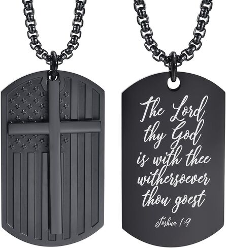 Gamtic Isaiah 53:5 Religious Inspirational Bible Quote Dog Tag Necklace for Men, Black Stainless Steel American US Flag Cross Dogtag Pendant, Bible Verse Motivational Encouragement Necklaces to Son in Saudi Arabia