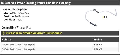 Power Steering Return Line Hose Assembly - To Reservoir - Compatible with 2006-2011 Chevy Impala 3.5L 3.9L V6 in Saudi Arabia