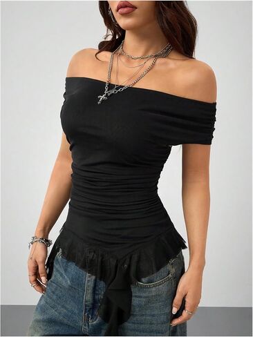 SweatyRocks Women's Ruffle Off The Shoulder T Shirts Ruched Asymmetrical Hem Short Sleeve Mesh Y2k Tops in Saudi Arabia