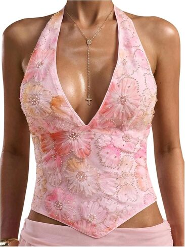 Verdusa Women's Y2K Floral Sequin Halter Tops Beaded Deep V Neck Backless Sleeveless Top Rave Outfits in Saudi Arabia