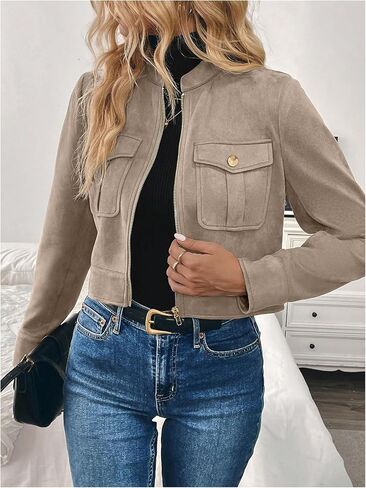 GORGLITTER Women's Zip Up Crop Jacket Faux Suede Long Sleeve Cropped Cargo Jacket Outerwear Trendy Jackets 2025 in Saudi Arabia