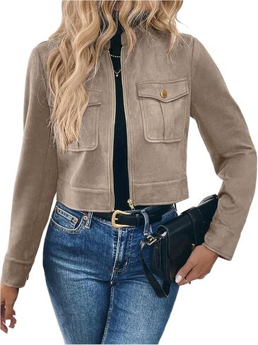 GORGLITTER Women's Zip Up Crop Jacket Faux Suede Long Sleeve Cropped Cargo Jacket Outerwear Trendy Jackets 2025 in Saudi Arabia
